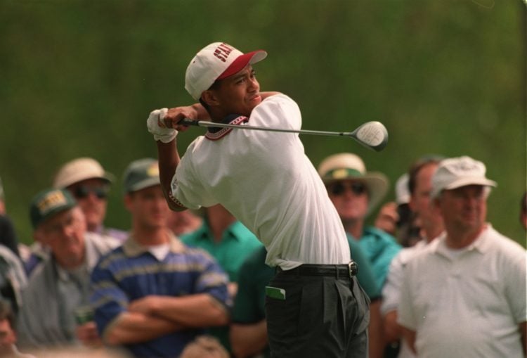 4 APR 1995: US AMATEUR TIGER WOODS DRIVES OFF THE 15TH TEE DURING THE SECOND PRACTICE ROUND AT THE 1995 US MASTERS GOLF CHAMPIONSHIP AT THE AUGUST...