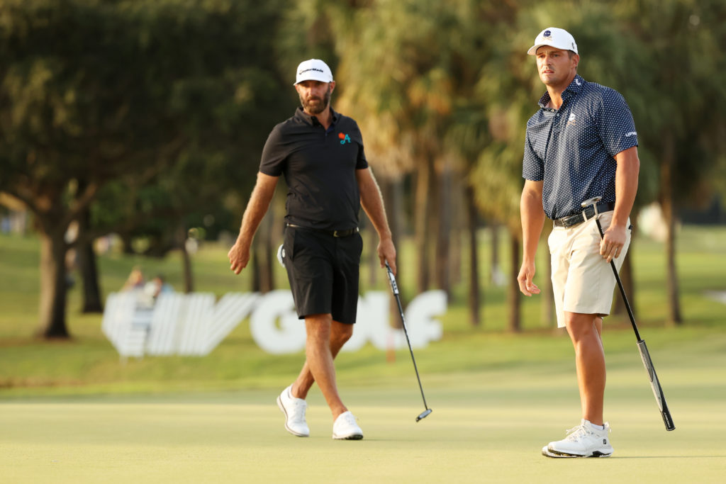 Dustin Johnson alongside Bryson DeChambeau during LIV Golf Miami