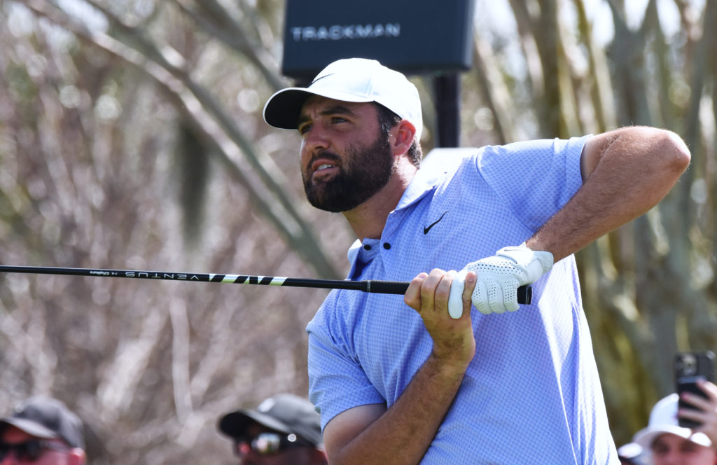 Scottie Scheffler of the United States hits a tee shot on