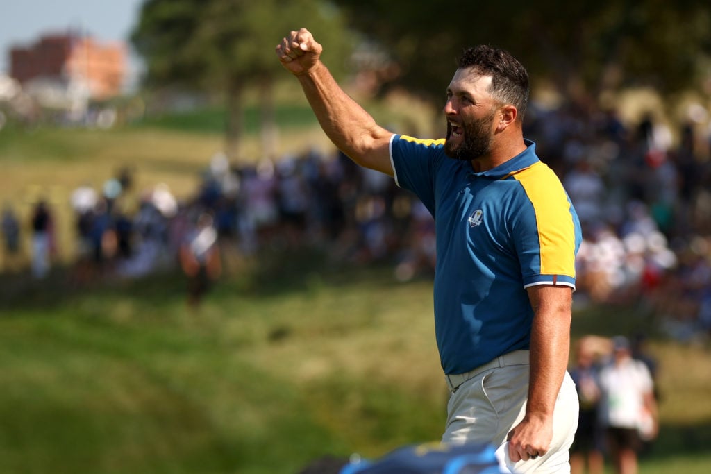Jon Rahm celebrates on the final green during the singles at the 2023 Ryder Cup