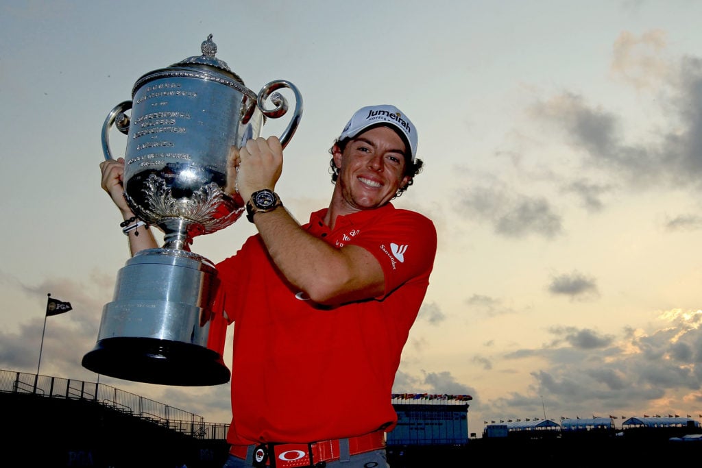 Rory McIlroy lifts the PGA Championship trophy