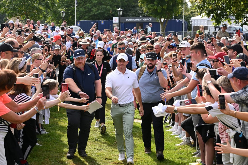 Rory McIlroy makes his way to the first tee during Day Four of the Irish Open