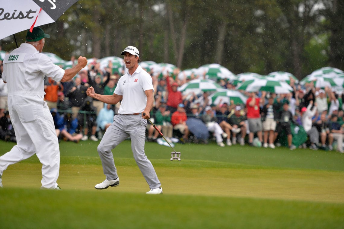 Adam Scott of Australia birdies No. 18 in regulation during Round 4 of the 2013 Masters. (Augusta National/Getty Images)