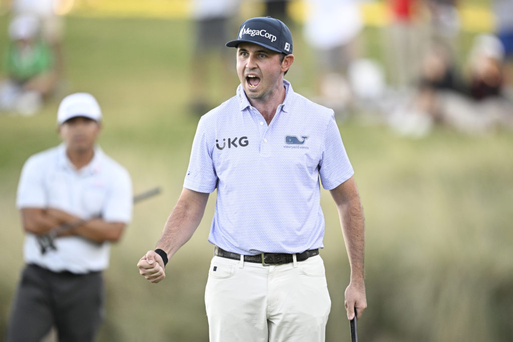 J.T. Poston celebrates after holing a putt at the Shriners Children's Open 2024 - Final Round