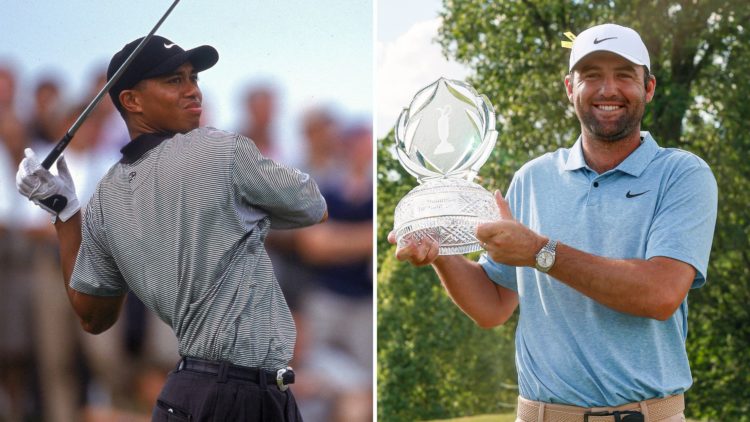 Split image of Tiger Woods and Scottie Scheffler.