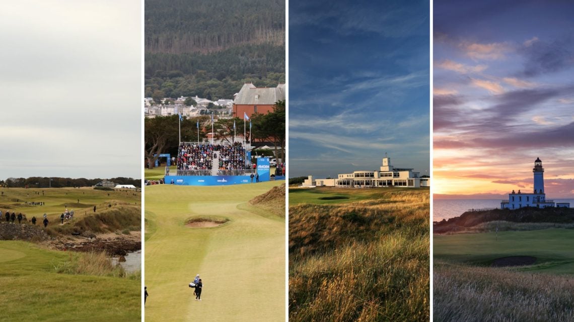 Split image including general views of the courses at St Andrews, Royal County Down, Royal Birkdale and Turnberry.