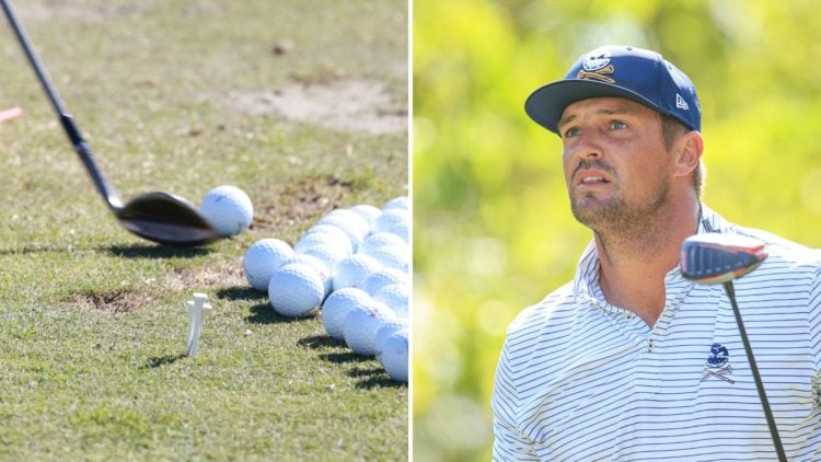 Bryson DeChambeau. Inset, a driver hitting a golf ball.