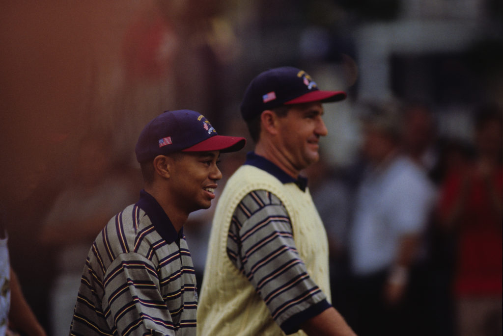 Tiger Woods, Saturday foursome matches, Steve Pate in background, 1999 Ryder Cup