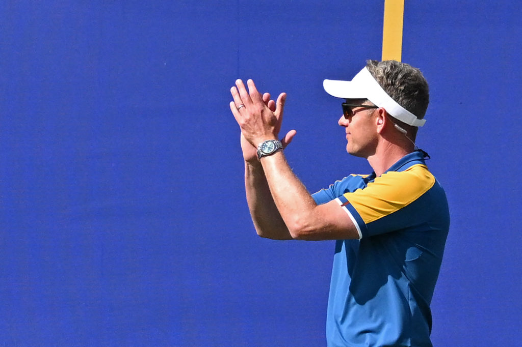 Luke Donald applauds the crowds at Marco Simone on Sunday at the 2023 Ryder Cup