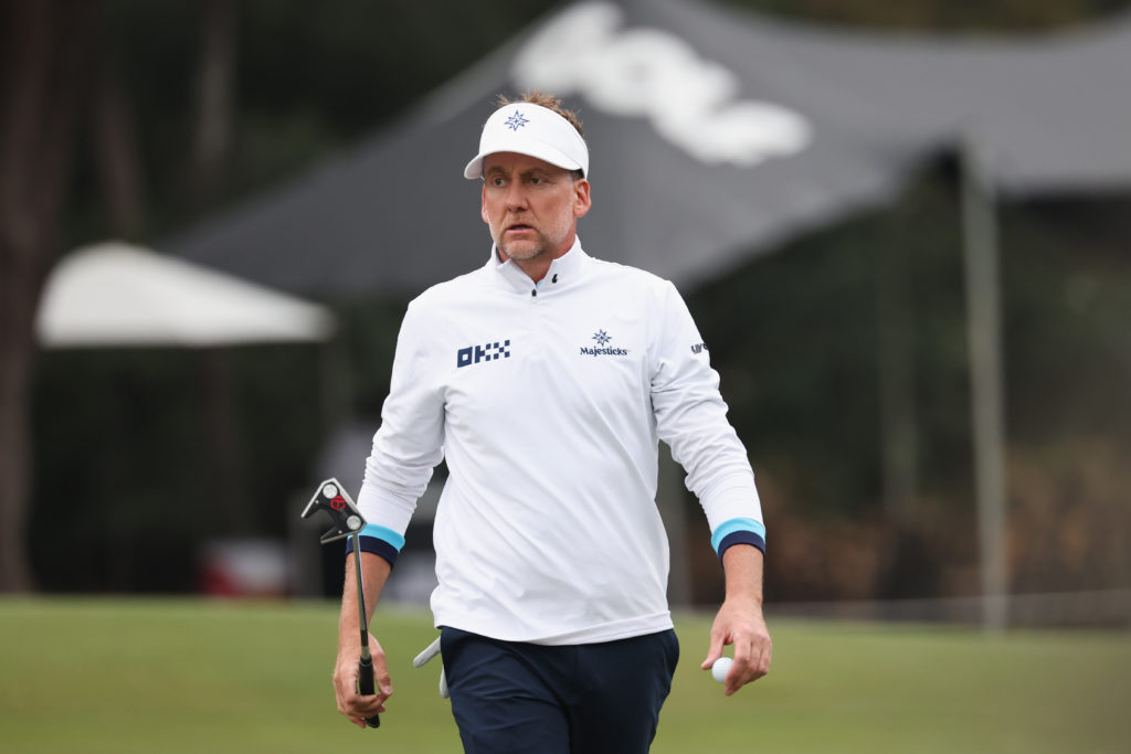 Ian Poulter of MAJESTICKS GC reacts on the 13th green during day two of the LIV Golf Hong Kong