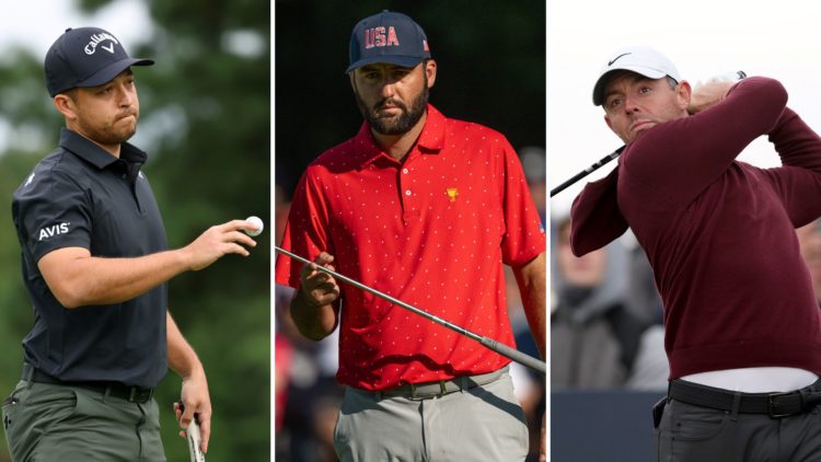 Split image of Rory McIlroy, Scottie Scheffler, and Xander Schauffele.