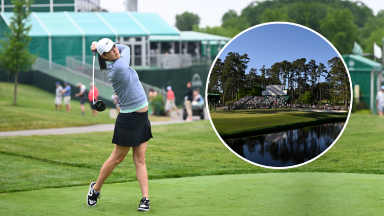 Michelle Wie hitting a driver with an inset of a general shot of Augusta National