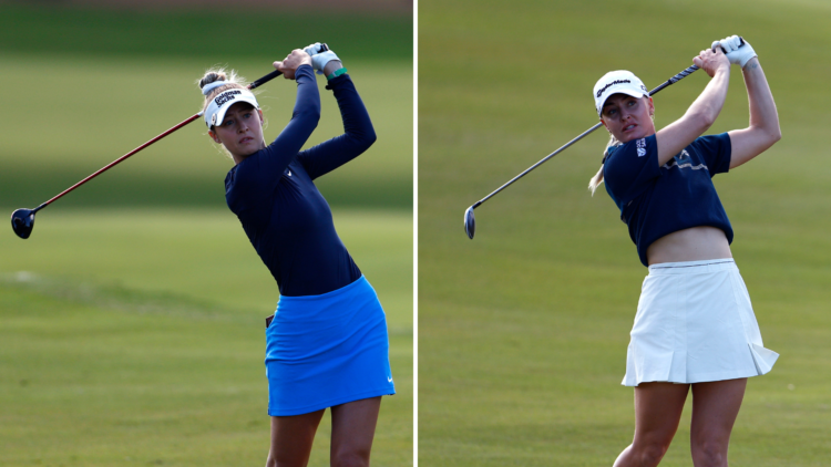 Nelly Korda swinging a golf club (L) and Charley Hull swinging a golf club (R)