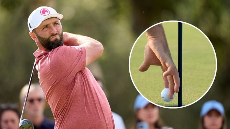Jon Rahm. Inset, ball being taken out of hole.