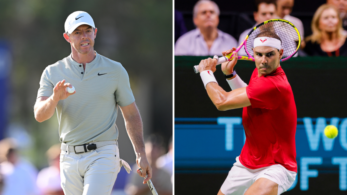 Rory McIlroy holding a golf ball (L) and Rafael Nadal swinging a tennis racket towards a ball (R)