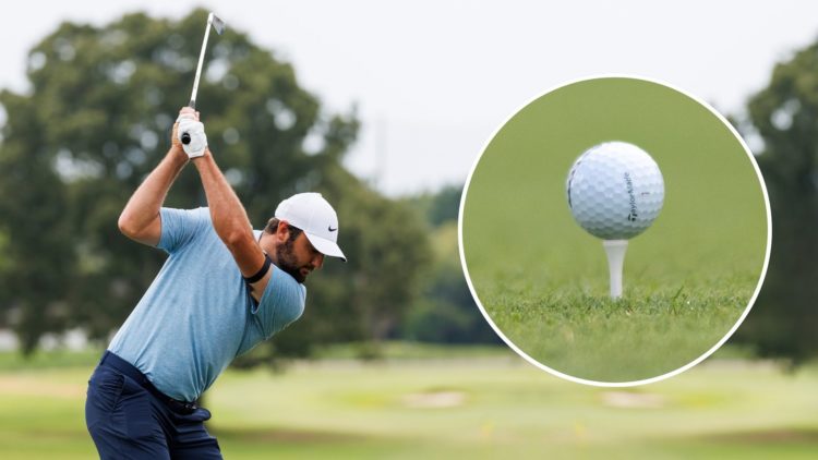 CR. GRV Media 2024 - Scottie Scheffler driving a golf ball with inset of teed up golf ball