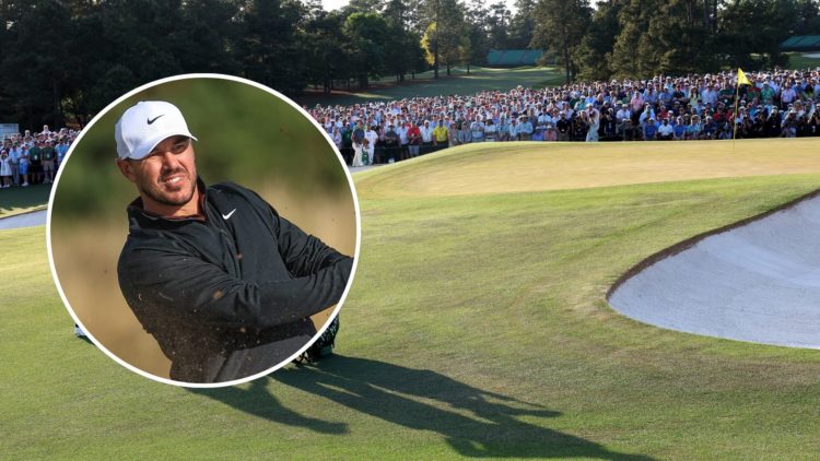 Brooks Koepka of The United States inset over the 18th hole at Augusta National Golf Club.