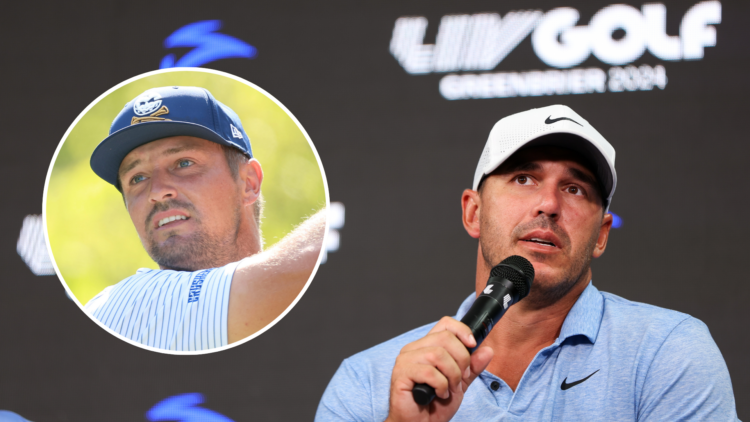 Brooks Koepka at a press conference and inset Bryson DeChambeau