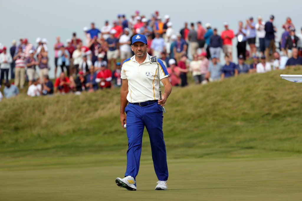 Sergio Garcia team Europe reacts after a putt on on the 14th green during Sunday Singles Matches of the 43rd Ryder Cup