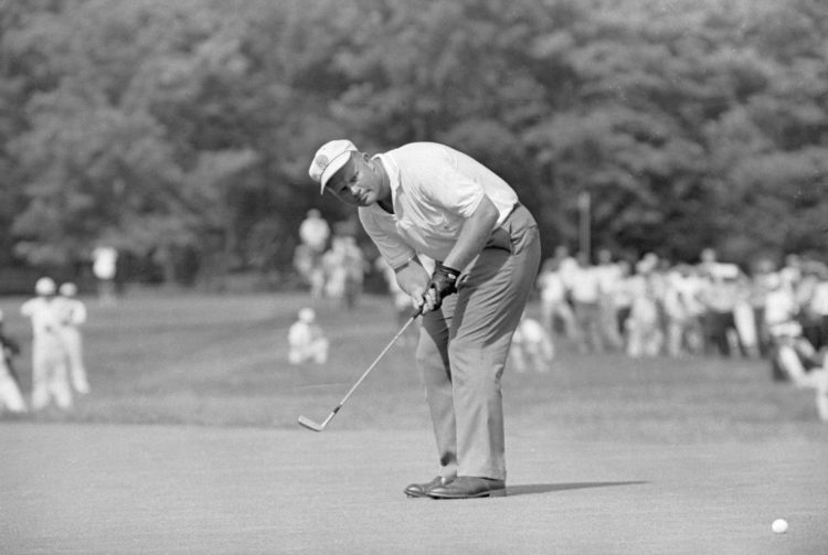 (Original Caption) Jack Nicklaus putting on the 13th green during playoff match against Arnold Palmer for the US Open Golf title.