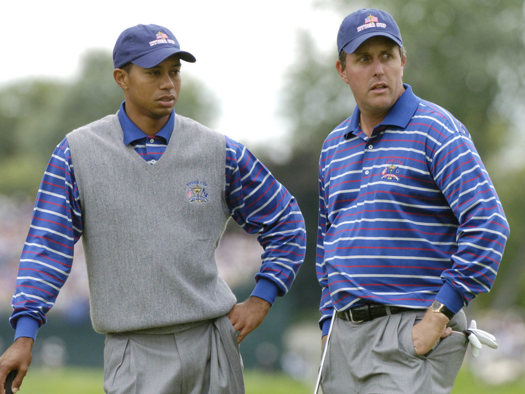 USA team players Tiger Woods and Phil Mickelson on the green at the 2004 Ryder Cup.