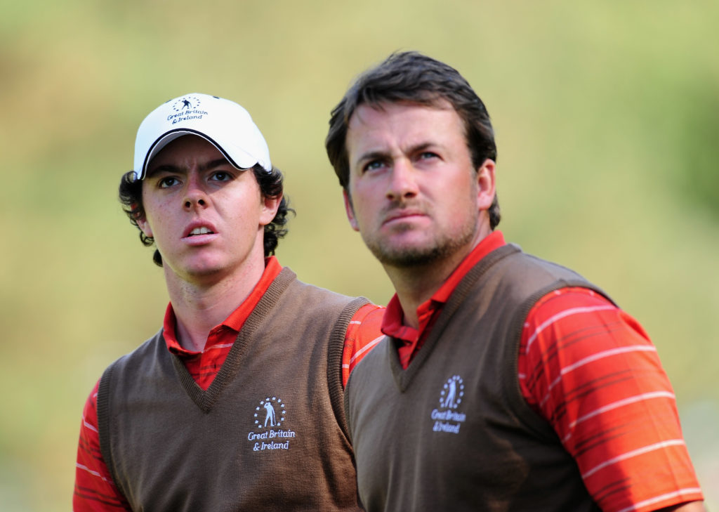 Rory McIlroy in Ryder Cup action with Graeme McDowell