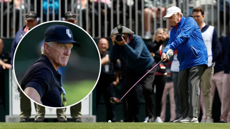 Jack Nicklaus pretends to tee off on the first tee during the ceremonial tee shot for the Folds of Honor Greats of Golf. Inset, Greg Norman.