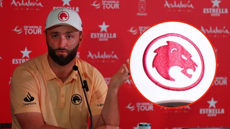 Jon Rahm in a press conference from 2024 and an insert of the 'Legion XIII' badge