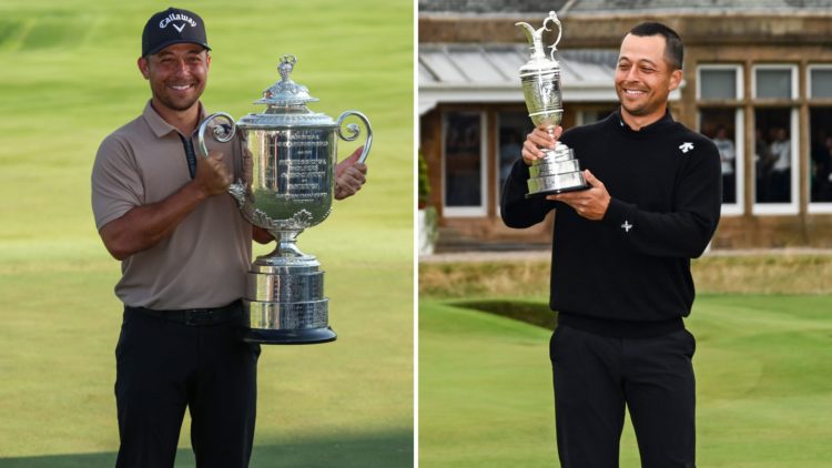 Xander Schauffele holding the PGA Championship and holding the Open Championship trophies.