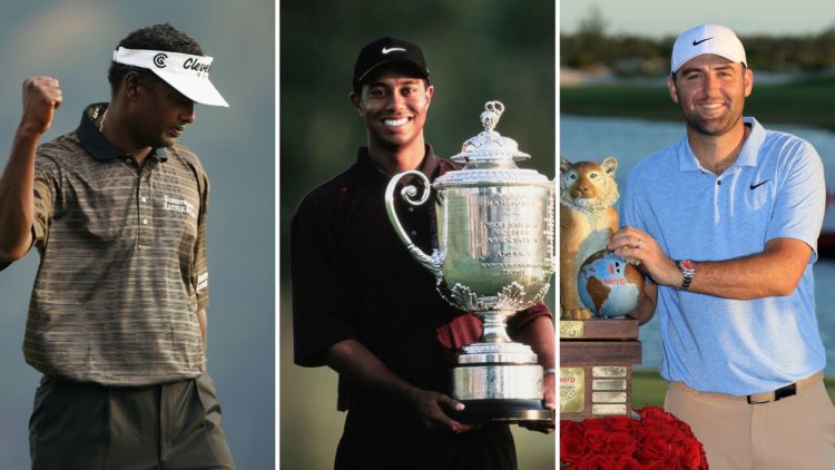 Split image of Vijay Singh, Tiger Woods, and Scottie Scheffler.