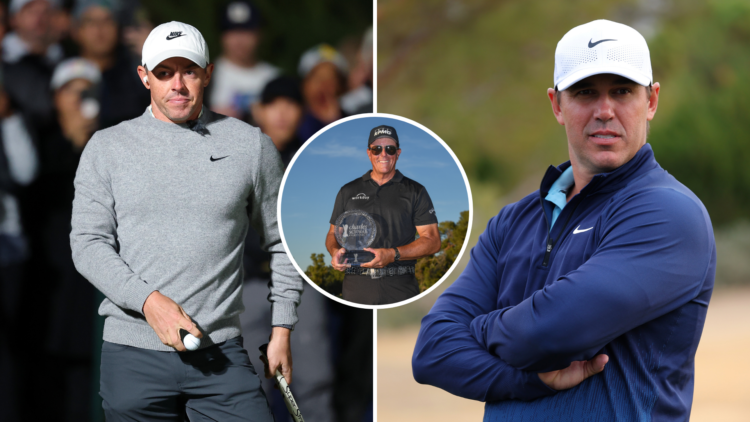 Split image of Rory McIlroy (L) and Brooks Koepka (R) with inset of Phil Mickelson holding the PGA Championship trophy in 2021