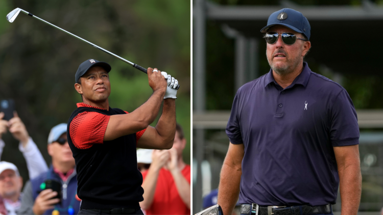 Split image of Tiger Woods and Phil Mickelson from 2022