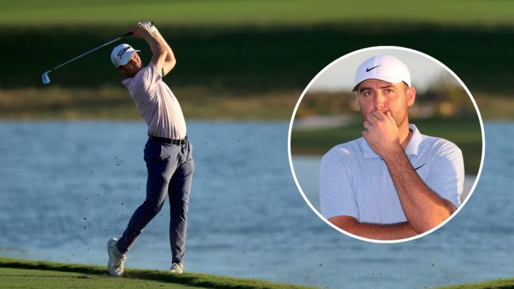Justin Thomas of The United States plays his third shot on the 18th hole during the final round. Inset, Scottie Scheffler.