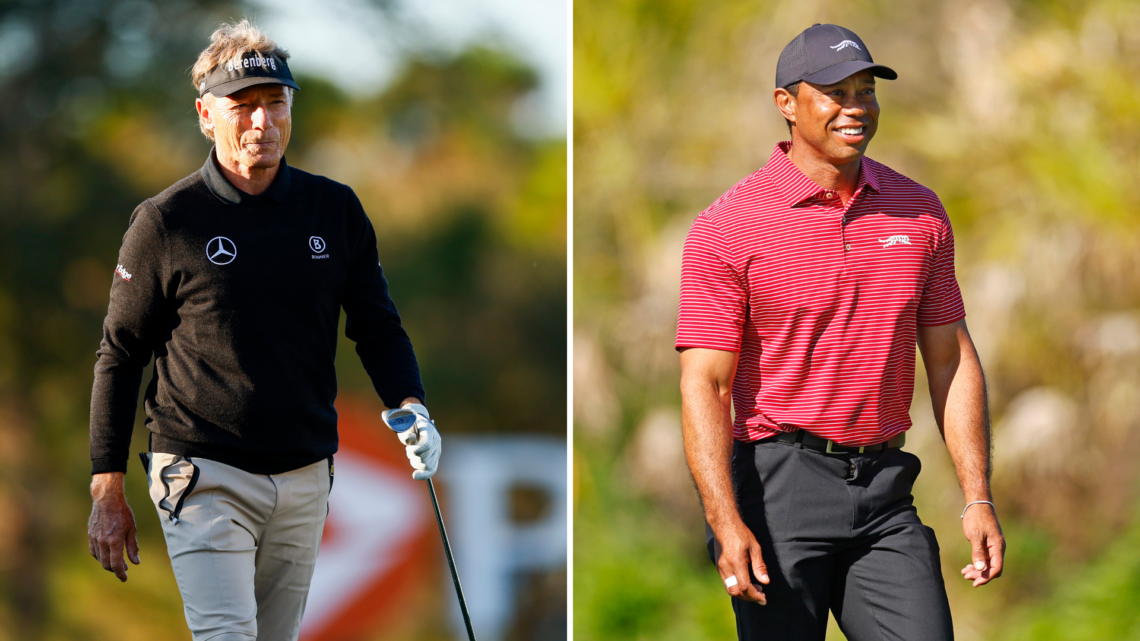 Split of Tiger Woods (R) and Bernhard Langer (L)