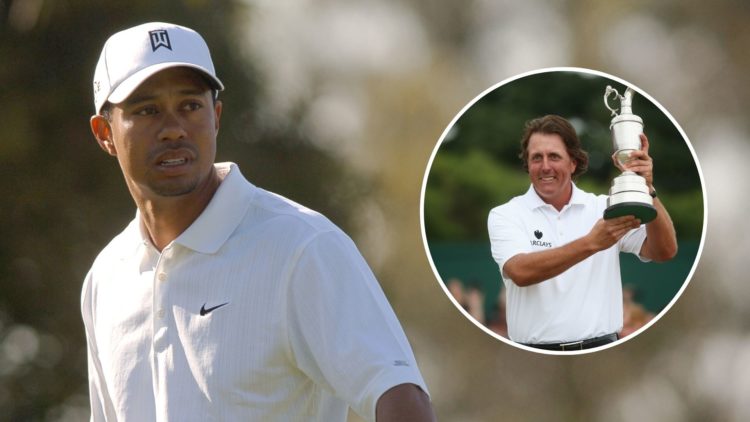 Tiger Woods (2006) with an insert of Phil Mickelson holding the Open Championship trophy in 2013.