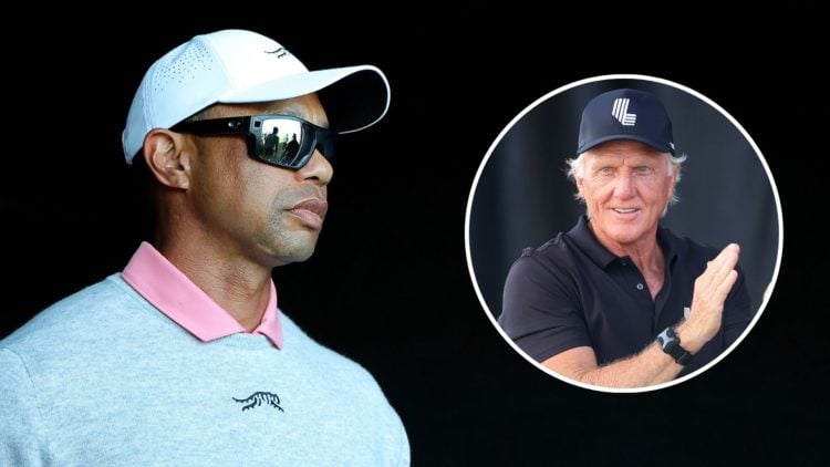 Tiger Woods of the United States walks out of the tunnel for the Hero Shot challenge. Inset, Greg Norman.