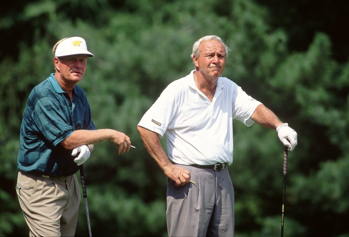 Jun 1994: Jack Nicklaus and Arnold Palmer of the USA during the US Open at Oakmont Country Club in Pennsylvania, USA. Mandatory Credit: Stephen M...