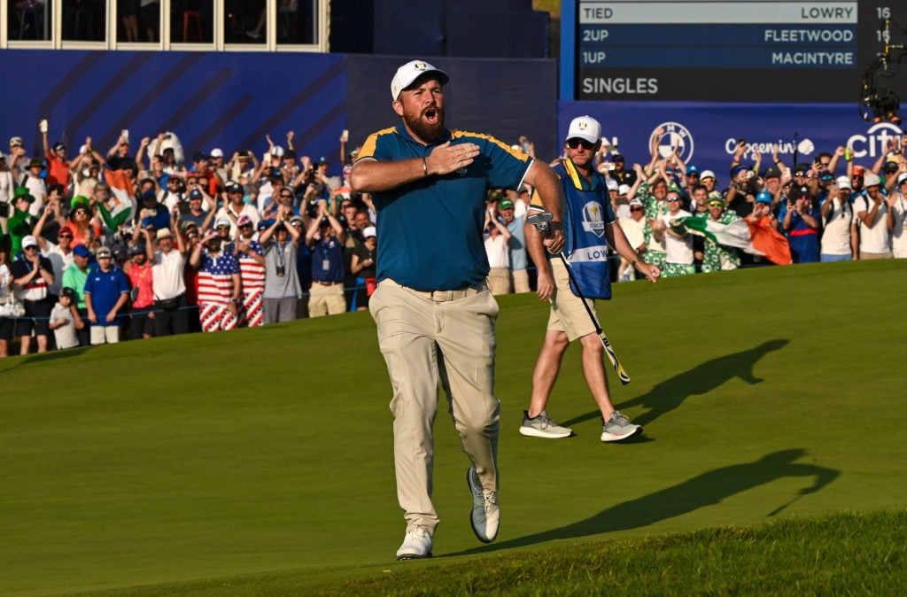 Shane Lowry of Europe celebrates after going one up on the 17th green during the 2023 Ryder Cup