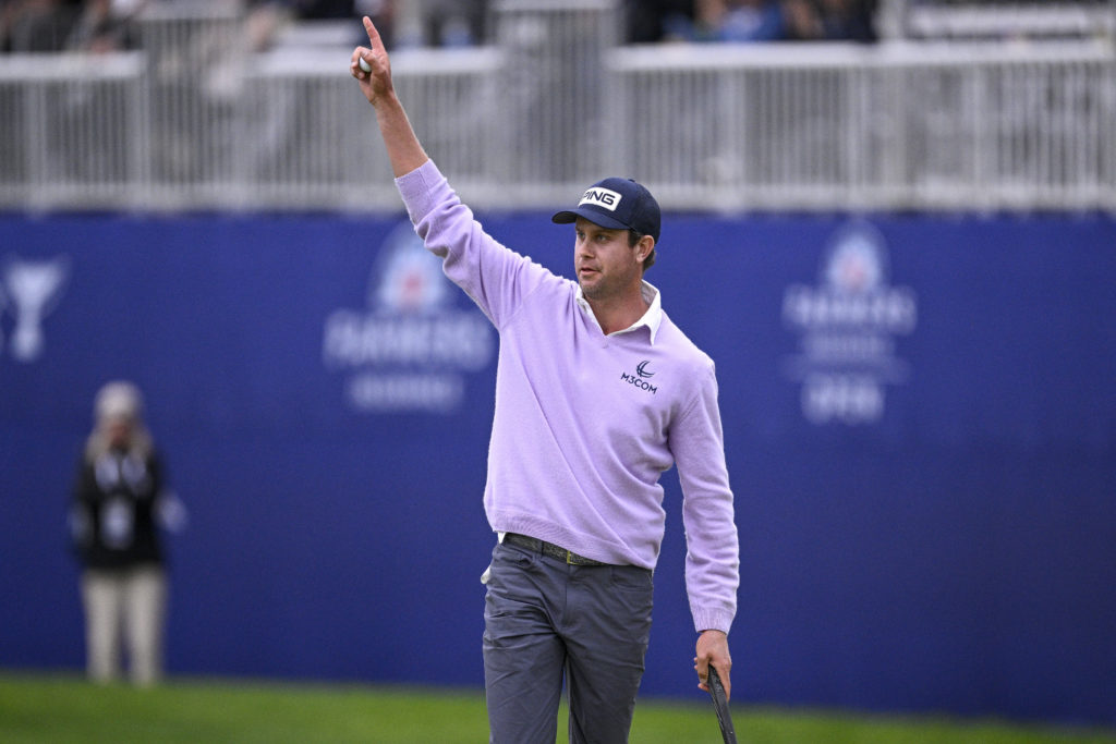 Harris English celebrates after winning the Farmers Insurance Open 2025