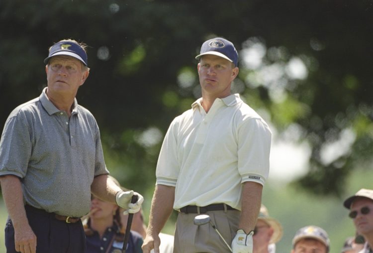 10 Jun 1997:  Jack Nicklaus (left) stands with his son Gary Nicklaus at the second tee during the 1997 U.S. Open at the Congressional Country Club ...