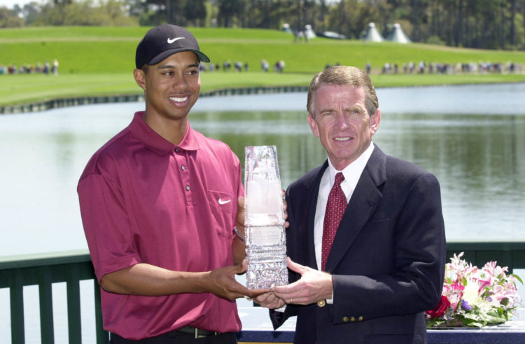 26 March 2001:  Tiger Woods receives the 2001 Players Championship trophy from PGA Tour commissioner Tim Finchem at TPC at Sawgrass in Ponte Vedra ...