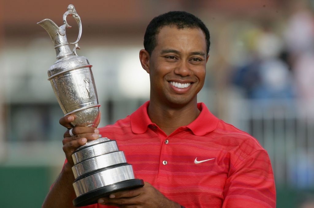 Tiger Woods holding the Claret Jug after winning the 135th Open Championship