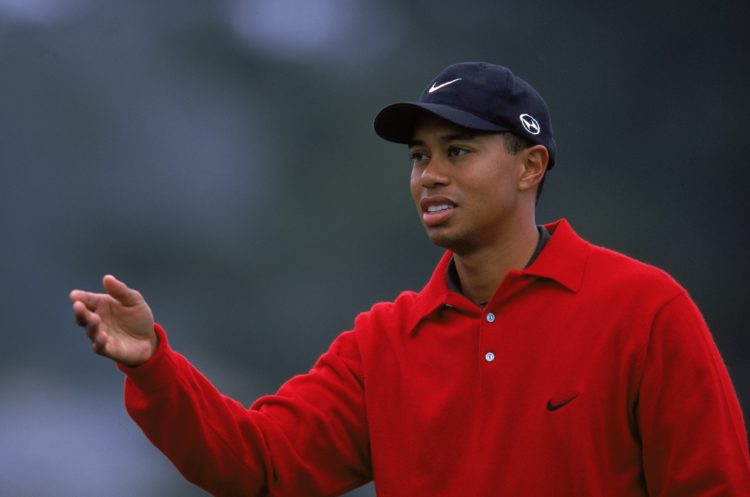7 Feb 2000: Tiger Woods motions on the course during the AT&T Pebble Beach Pro - AM at Spyglass Golf Course in Pebble Beach, California.. Manda...