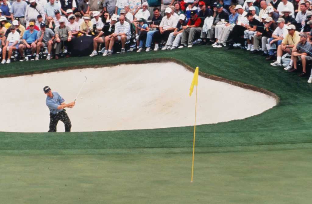 Brad Faxon Hits A Bunker Shot During The 2002 Masters Tournament