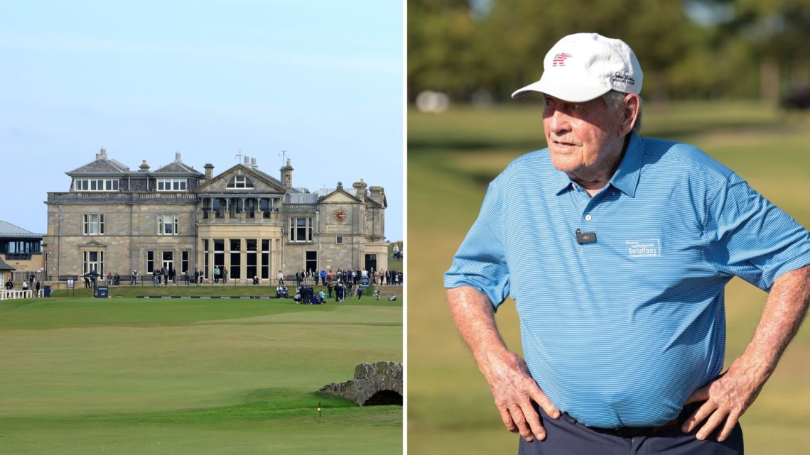 Jack Nicklaus and St Andrews' 18th hole with the club house behind