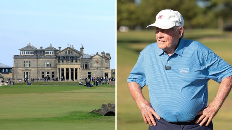 Jack Nicklaus and St Andrews' 18th hole with the club house behind