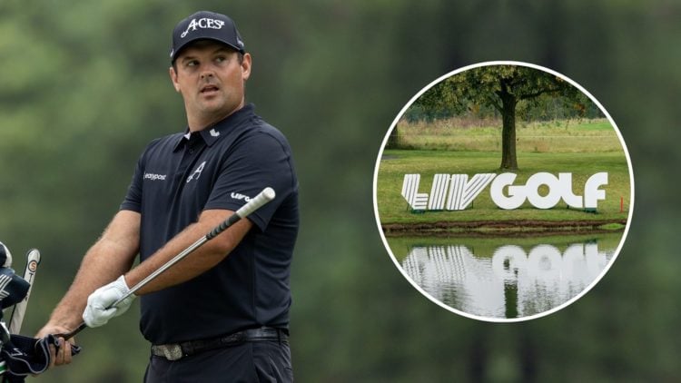 Patrick Reed and the LIV Golf logo.