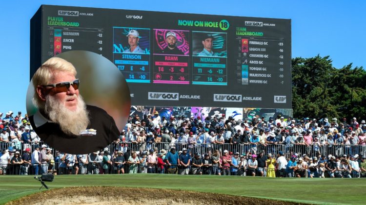 Inset image of John Daly on top of a LIV Golf crowd watching on at LIV Adelaide in 2025