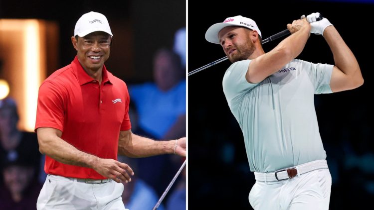 Split image of Wyndham Clark of The Bay Golf Club playing his shot from the 15th tee during their TGL presented by SoFi match, and Tiger Woods of J...