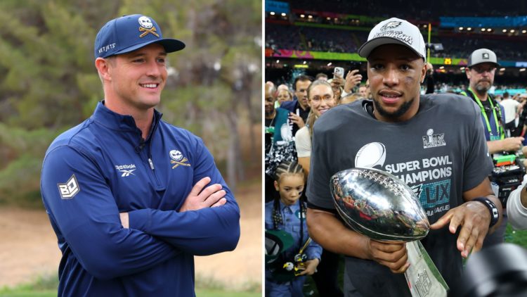 Split image of Bryson DeChambeau and Saquon Barkley.